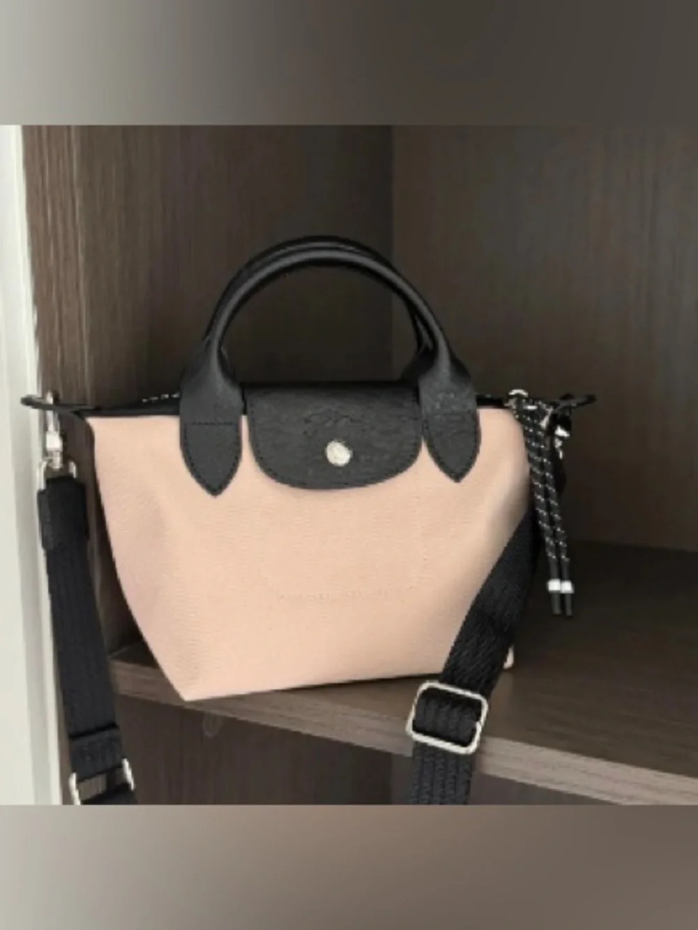Longchamp Crossbody Le Pliage Mini - Blush Pink with Black Trim - Picture 4 of 4